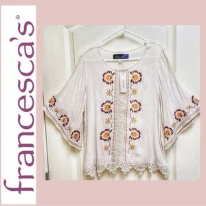 NWT Gorgeous Embroidered Top with Crochet Detail